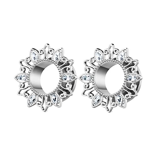 Lieson Plug Tunnel Oreille 6mm, 2 PIÈCES Tunnel Ecarteur Oreille Acier Chirurgical Fleur Avec Zirconium Tunnel Oreille 2G Argent