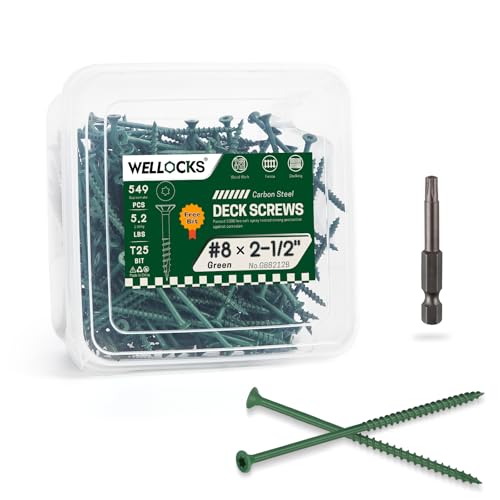 Image of WELLOCKS #8 x 2-1 /2 in Green Deck Screws, 5.2 lbs with T25 Bit | Green Coated Wood Screws for Outdoor Decks, Fences, Patio Projects, and Pressure Treated Lumber.