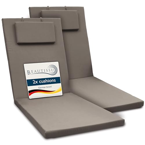 Beautissu Lot de 2 Coussin Bain de Soleil 200x60x5cm Loft RL – Résistance UV Matelas Transat Exterieur Coussin Chaise Longue avec Fermeture Éclair – Taupe