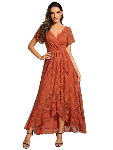 Ever-Pretty Robes de Mariée Dentelle Femmes Robe Longue Mère Col V Asymétrique Manches Courtes Orange Brûlée 38
