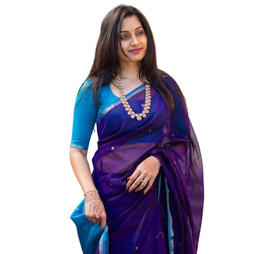Image of Original Maheswari Cotton Silk Saree for Women | Kanjivaram Pure Silk Cotton Sari with Blouse | Zari Work | Tassels | Handloom Weave