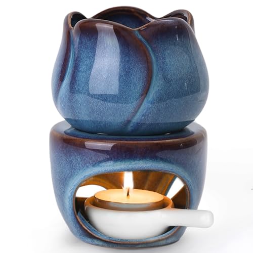 ComSaf Ceramic Essential Oil Burner Reactive Glaze Aromatherapy Diffuser 180ml Sculptural Wax Melt Warmer with Pull-Out Tea Light Tray Artisan Pottery-Style Oil Warmer Decorative Ambient Lighting