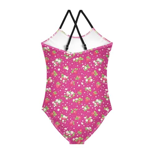 senya Girls Swimsuits One-Piece Swimwear Tie Bathing Suit Beach Summer Round Neck 5-6T Strawberries on Pink Pattern2