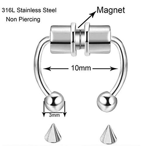 WITUONE Nose Rings 16G Horseshoe Magnetic, 3PCS Stainless Steel Faux Fake Nose Septum Rings Non-Pierced Clip, Punk Style