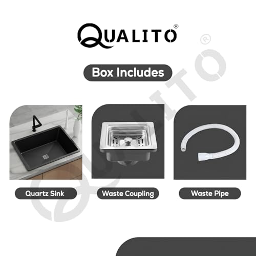 Image of QUALITO Quartz Kitchen Sink | 16x18x9 Inch, 10 mm Thickness | Single Bowl Granite Sink with Waste Coupling & Pipe | Easy to Clean, Sound & Heat Proof and Non Fading Colour (Black)