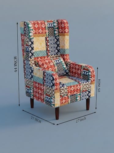 Image of WELL KNOWN Wooden Wing Chair with Ottoman Stool | Wingback for Living Room | High Density Foam | Accent Chair for Seating, Home Decor Furniture | (Marwadi Print, with Ottoman)