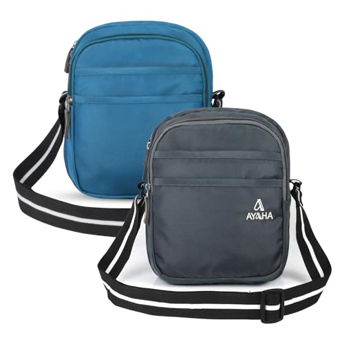 AYAHA Pack Of 2 Polyester Sling Bag for Men and Women, Cross Body Business Messenger Bag Travel Office Bag One Side Shoulder Bag With Adjustable Strap (Airport Blue & Grey)