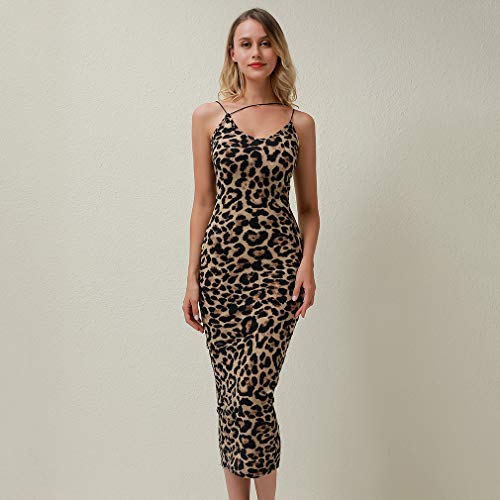 TraveT Women's Sleeveless V Neck Dress Spaghetti Strap Leopard Bodycon Midi Party Dress,L
