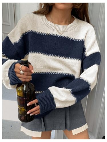 Verdusa Women's Old Money Clothes Pullovers Sweaters Striped Color Block Sweater Long Sleeve Knit Tops4