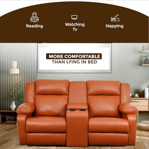 Image of Solis Royale Leatherette Manual 2 Seater Recliner Sofa Chair | Center Console and Cup Holder | Comfortable Lounge Sofa Chair for Living Room, Bedroom, Office, Home (SNUGHEAVEN-TAN)