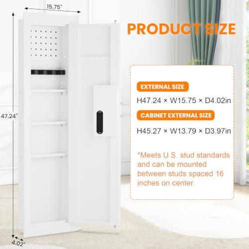 Image of 47.24 inch Wall Safe Between the Studs, Hidden Safe with Removable Pegboard, Wall Gun Safe with Magnetic Slot and 3 Adjustable Shelves(White-Fingerprint)