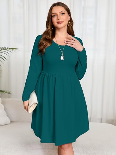 Image of AusLook Women's Plus Size Long Sleeve Midi Dress Casual Empire Waist Loose Flowy Dresses A-Line Boho Long Dress with Pockets