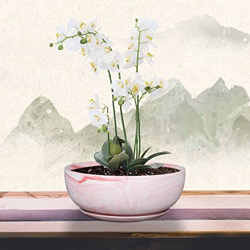 G Epgardening 8In Marble Large Round Ceramic Succulent Planter Pot With Drainage Hole And Plant Saucer Shallow Bonsai Planter Pot Flower Pot For Indoor Outdoor Plants With Marble Tray Pink #TOP4
