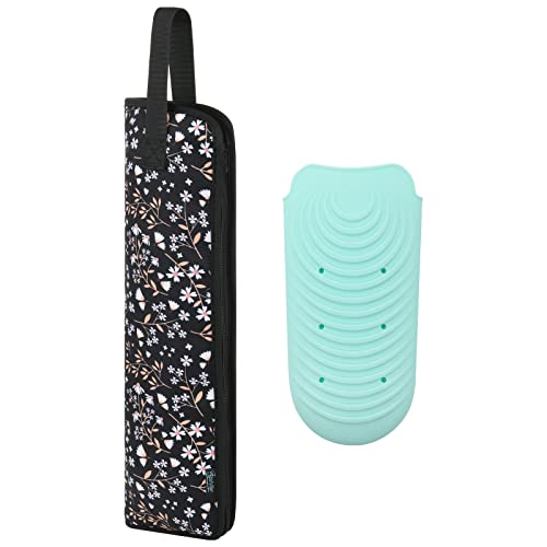 Beautyflier Flat Iron Holder Case, Canvas Heat-Resistant Flat Iron Travel Case and Silicone Mat for Hair Tools for Travel, Gym or Daily Use, 13.5IN, Black Flower