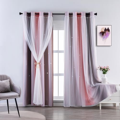 Image of Double Layer Dreamy Star Blackout Curtain 1 Panel W52 x L95,Pink Grey | Princess Style Window Drapes for Kids Room Elegant Decor for Daughter Bedroom Living Room Soft Fabric Design