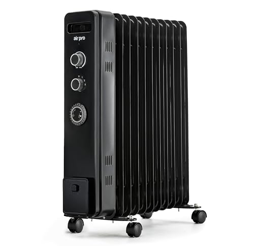 Air Pro Oil Filled Radiator 2500W with Thermostat & 24h Timer – 11 Fin Portable Electric Heater 3 Heat Settings, Overheat & Tip-Over Protection, Quiet for Home, Office and Any Room Radiator on Wheels