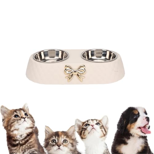 Qcwwy Double Dog Bowls, Cat Food Water Bowls with PP Material Base Prevent for Puppy Small Medium Dogs 2 Stainless Steel Dog Bowl with Non Slip Holder Bowknot Decor (Beige)