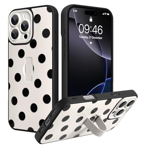 SOKAD for iPhone 16 Pro Case with Finger Strap Kickstand, White Polka Dots