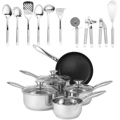 Russell Hobbs Stainless Steel Pan Set with Utensils – Induction Saucepans & Non-Stick Frying Pan, Kitchen Tools & Gadgets with Holder, 15-Piece Cookware Kitchenware Set, Classic Collection