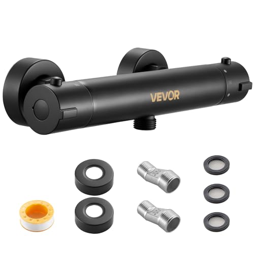 VEVOR Miscelatore Doccia Termostatico Rubinetto Doccia con Blocco di Sicurezza a 38°C, Controllo della Temperatura con Acqua Calda e Fredda per Camper, Hotel, con Rivestimento Elettroforetico Nero