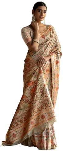 Indian Modal Silk Woven Raaga Pashmina Silk Saree With Blouse Piece In Warm Beige with Antique Gold and Multicolored Minakari Thread Work