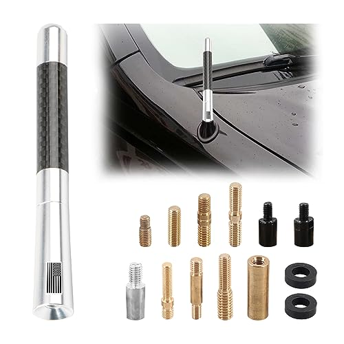 BESULEN Car Short Antenna, 4.7 Inch Carbon Fiber American Flag Aluminum Auto Radio Antenna for AM/FM Reception, Universal Replacement Car Antenna with 9 Adapters, 2 Screws, 2 Rubber Rings