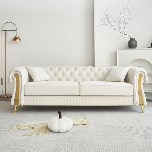 Image of KEIKI 89 inch Chesterfield Velvet Button Tufted Sofa with High Density Foam Cushions and 2 Toss Pillows, Modern Style 3-Seater Couch with 4 Gold Metal Leg, Easy Assembly, for Living Room, Apartment, Beige