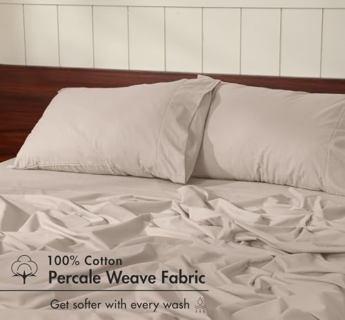Image of RUVANTI 100% Cotton Percale Sheets Full - Crisp Cooling Summer Bed Sheets for Hot Sleepers, Deep Pocket 14 inch, Soft Peach Finish, Breathable & Durable Hotel-Style 4 Piece Set, Linen