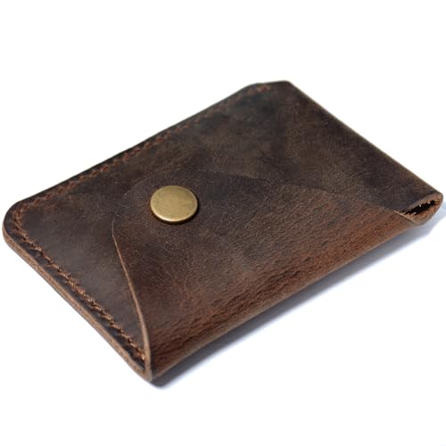 Handmade Genuine Leather Card Holder with Brass Snap Closure, Double-Needle Stitched Slim Minimalist Front Pocket Wallet (Dark Brown) by Generic - Used condition - Image 7