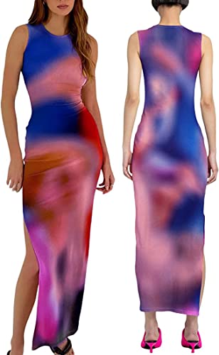 Image of Suillty Women Y2k Tie Dye Tank Dress Sleeveless Bodycon Long Dresses Printed Slim Fit Summer Maxi Dress Sundress