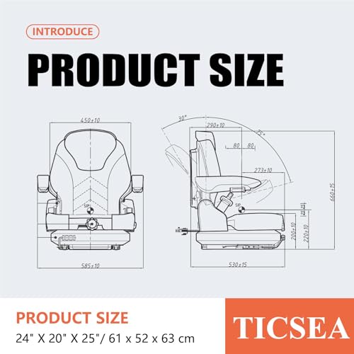 Image of Tractor Suspension Seat, Highback Low Suspension Mower Seat, Adjustable Backrest and Slide Rails, Armrests Shock Absorber Heavy Duty Seat for Toro Forklift Mower Excavator Harvester