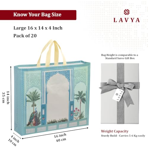 Image of Lavya Festive Special Party Return Gift Bags (Sapphire Palace, Pack of 20) | Large Size (16x14x4 in) | Reusable Non-Woven Matt Finish Laminated | Ideal for Weddings, Festivals & Traditional Gifting