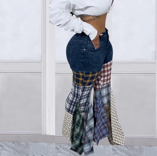 Women's High Waist Patchwork Flare Jeans Plaid Bell Bottom Ruffle Hem Denim Wide Leg Jeans4