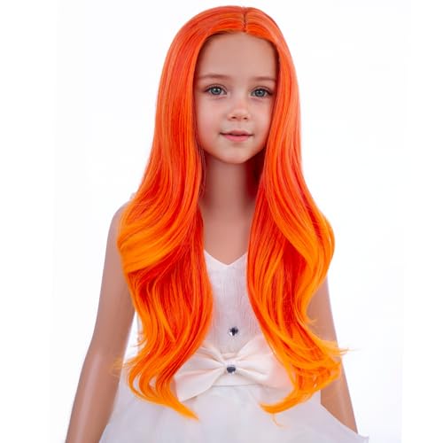 Image of PATTNIUM Kids Girls Flame Fire Wig Long Wavy Curly Orange Wig Orange Ombre Long Wigs Cosplay Costume Synthetic Wigs