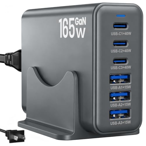 Image of 165W Charging Station, 6 Port Desktop Charger, 3 Ports 40W Grey