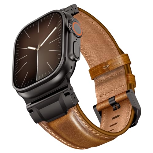 LOIRNBR Leather Bands Compatible with Apple Watch Ultra 3/2/1 Band 49mm 46mm 45mm 44mm 42mm Men, Genuine Leather Metal Connector Strap for iWatch Ultra Series 11/10/9/8/7/SE/6/5/4/3/2/1, Brown/Black
