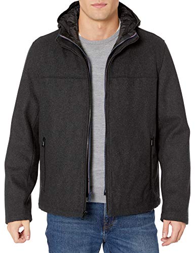 Tommy Hilfiger Men's Wool Blend Jacket with Puffer Bib and Hood, Charcoal, Small