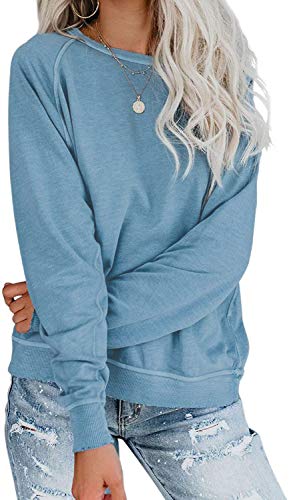 LAMISSCHE Womens Crewneck Long Sleeve Sweatshirt Casual Solid Pullover Lightweight Tops(Sky Blue,L)