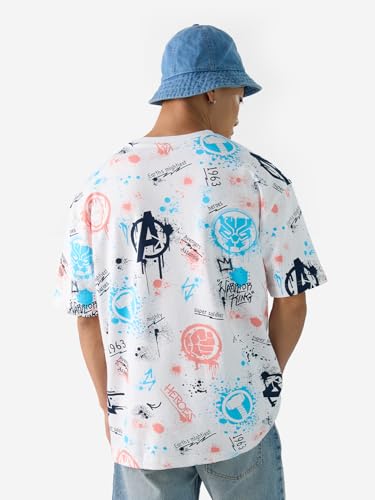 Image of The Souled Store Official Marvel: Creative Chaos Men and Boys Short Sleeves Round Neck Multicolor All Over Printed Cotton Oversized T-Shirts