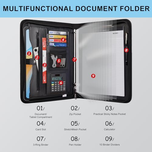 Image of Eshow Portfolio Organizer - 3 Ring Binder with Zipper, Vegan Leather Business Padfolio Folder with Notepad Includes 10 Clear Sheet Protectors for Documents Files for Men Women
