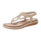 Meeshine Women's Bohemia Flip Flops Summer Beach T-Strap Flat Sandals Comfort Walking Shoes(US 8.5, Apricot-03)