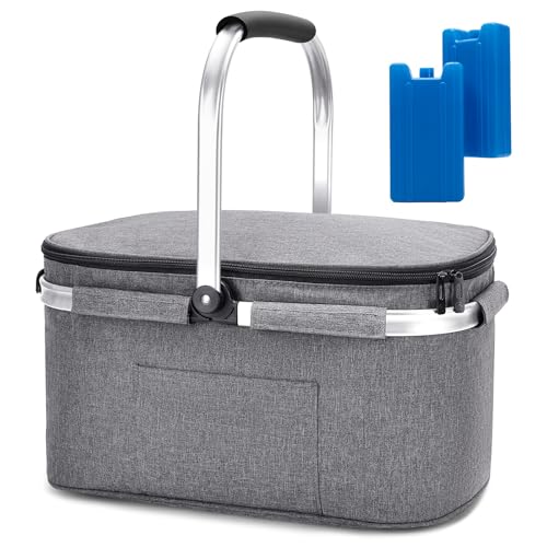 ALLCAMP Groß Faltbar Isoliert Kühltasche - Einkaufskorb Thermo Mit Deckel, Abnehmbarer Picknickkorb 2 Personen, Aluminiumrahmen Kühlkorb, Verdicken Thermokorb - Mit 2 Kühlakkus