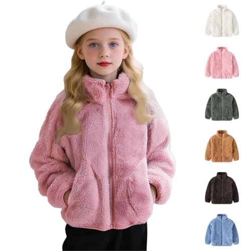Kids Fall Winter Coat Zip Up Fleece Jacket with Pockets Warm Plush Outwear Boys Girls Stand-Up Collar Cute Tops