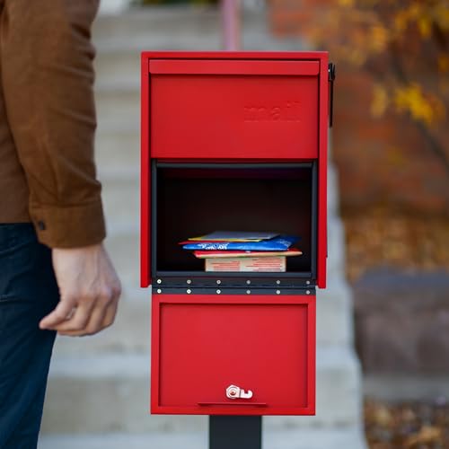 Image of Adoorn Lockable Post Mount Mailboxes for Outside - Large Anti-Theft Locking Mailbox for Packages and Letters - Weatherproof Construction - Durable Steel - 15.5 inch H x 12 inch W x 18.5 inch D - Red