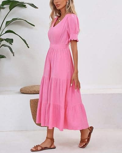 Image of YEXPINE Women's Cotton Tiered Midi Dress Short Sleeve V Neck Elastic Waist Casual Long Flowy Summer Dress