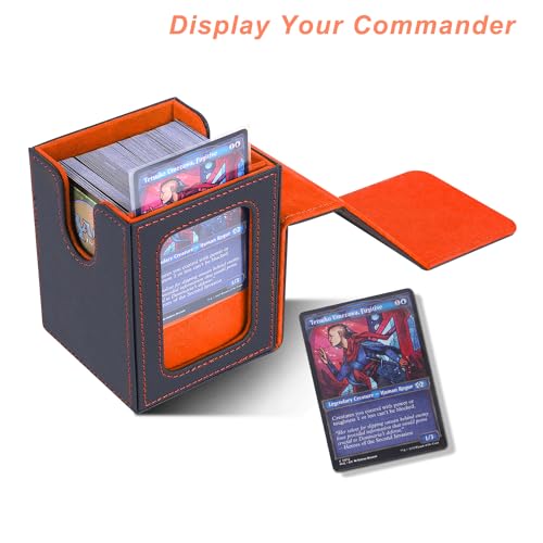 Image of AFIING MTG Deck Box for Commander Display,Card Deck Case Fits 100 Double Sleeved Cards, Magic Commander TCG Card Storage Box with 2 Dividers,Dice Bag and 1 Toploader(Black /Orange)