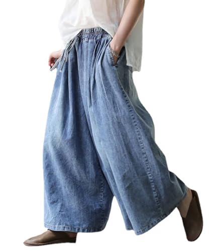 FTIMILD Baggy Extra Wide Leg Jeans Loose Fit Elastic Waist Casual Denim Pants Plus Size Drawstring Jeans