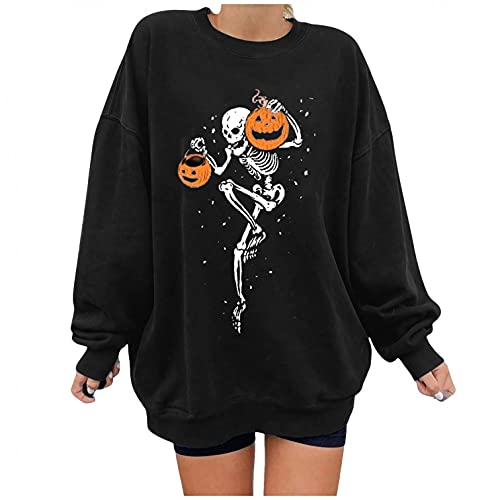 Halloween Sweatshirts for Women, Womens Skull Graphic Print Oversized Crewneck Sweatshirt Long Sleeve Pullover Tops