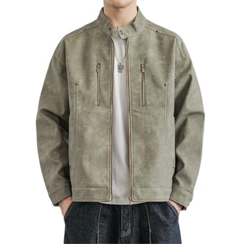 GUOYUXIAO Chaqueta de cuero retro para motocicleta informal de cuero para hombre de otoño-Green01-M