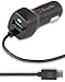 Micro USB Car Charger, VoltronTek Ultra Fast Travel Adapter with Extra Length Built-in Micro USB Connector for Samsung Galaxy S7 S6 S5 S4 S3 Galaxy Tab Note 5 4 3 2 Google Nexus 7 and Extra USB Port
